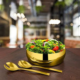 High Grade Stainless Steel 3 Pieces Salad Bowl With Gold PVD Coating For Salad Serving | 2 Pieces Serving Spoon + 1 Pc Salad Bowl 22 Cm